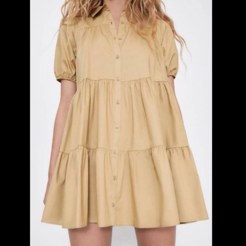 ZARA Voluminous Flounce Brown Tiered Short Sleeve Mini Dress Sz S